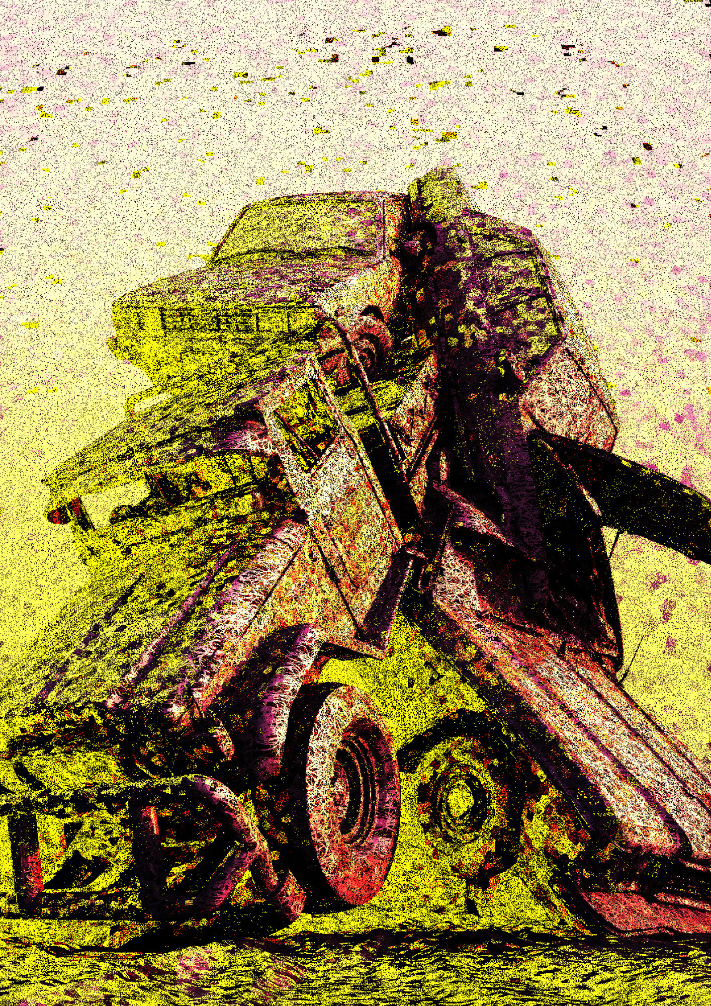 The four vehicles pile together in a tangled, upended heap that fills the frame, a ute, sedans and wheels overlapping as if caught mid-collision. Harsher than the single works, the scene is saturated with yellow, deep magenta and near-black, with flecks of colour scattered across a pale, grainy sky.