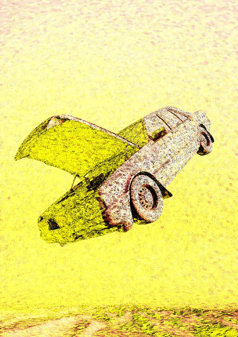 An old rounded sedan floats nose-down at a steep angle above a textured ground, its bonnet flung open like a wing. The body is covered in a dense, lace-like pattern of pink and white, with acid-yellow patches on the bonnet and front, set against a hazy, dappled yellow sky.