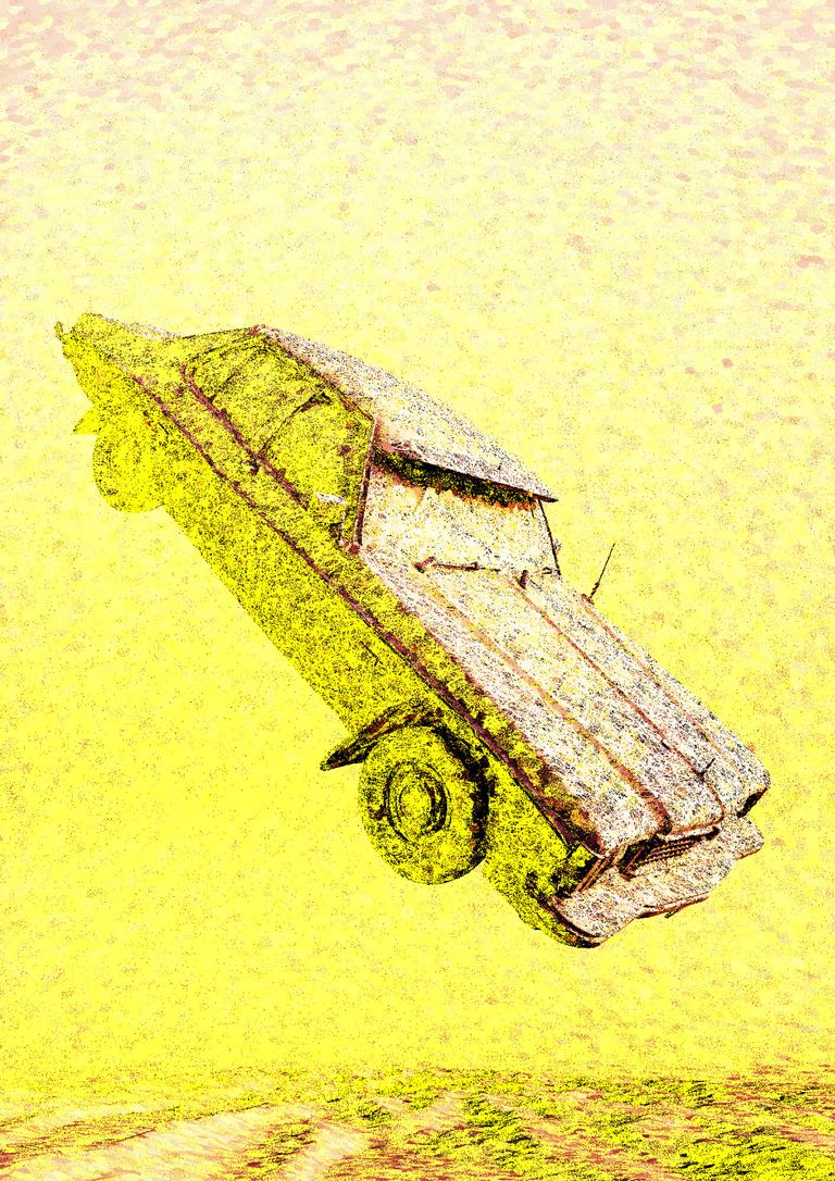 A long 1970s-style sedan tilts upward through the air, its ribbed bonnet and wide grille facing the viewer and its tail rising to the left. The car is rendered in a noisy, etched texture of yellow and rusty pink that half-dissolves into the sunlit yellow background.