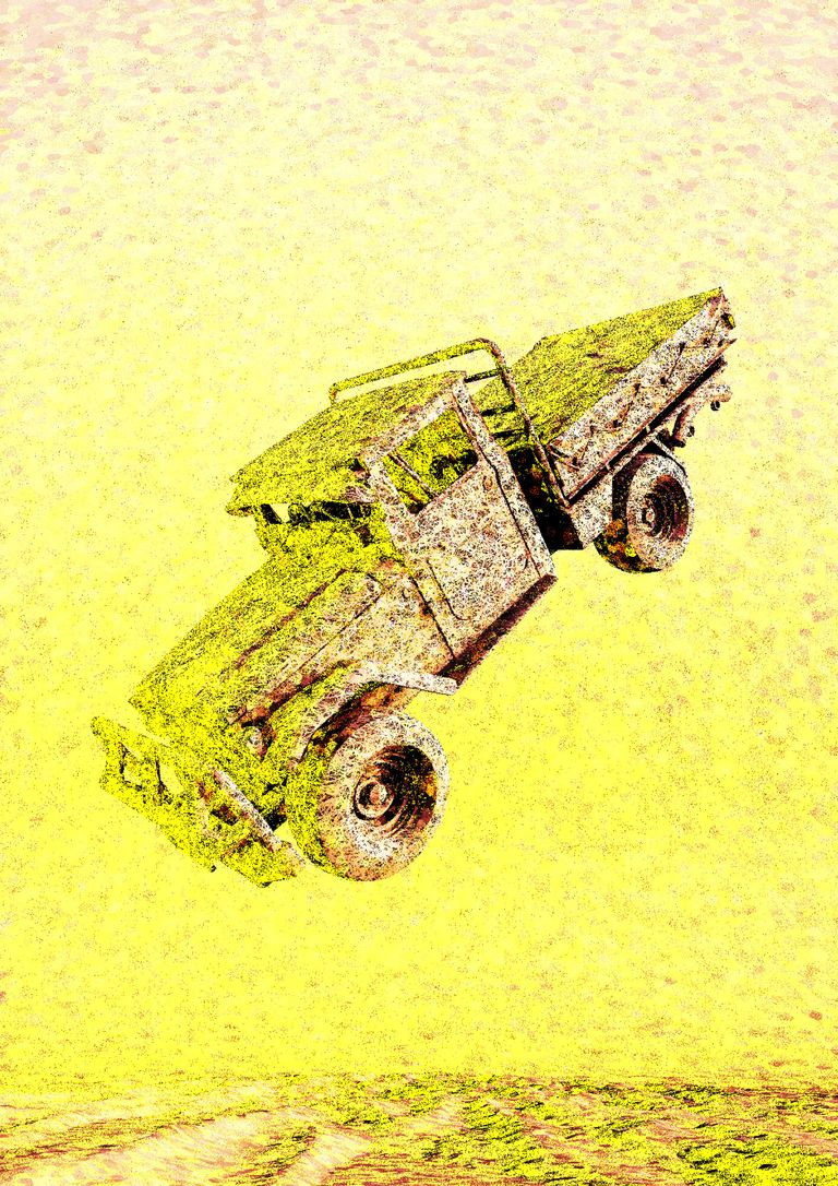 A battered utility four-wheel drive with a roll bar and flat tray hangs in the air at a diagonal, nose pointing down to the lower left. Its weathered panels are mottled with yellow and pale pink tracery, suspended above a strip of rippled ground in a hazy yellow field.