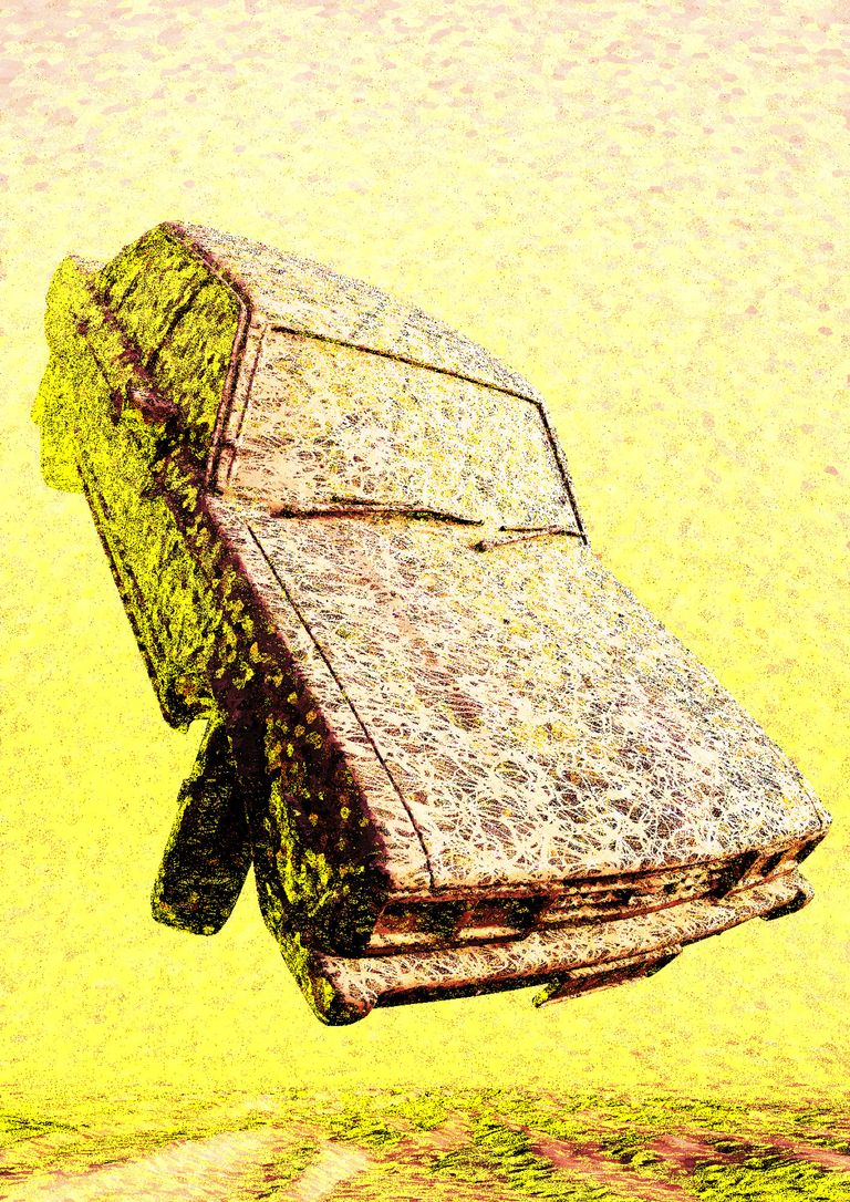 A boxy 1970s sedan looms close to the viewer, tipped forward and hovering above the ground, its bonnet and windscreen covered in a fine web of pale pink and white lines. Yellow and dark shadows cling to its side and wheels against a soft, speckled yellow sky.