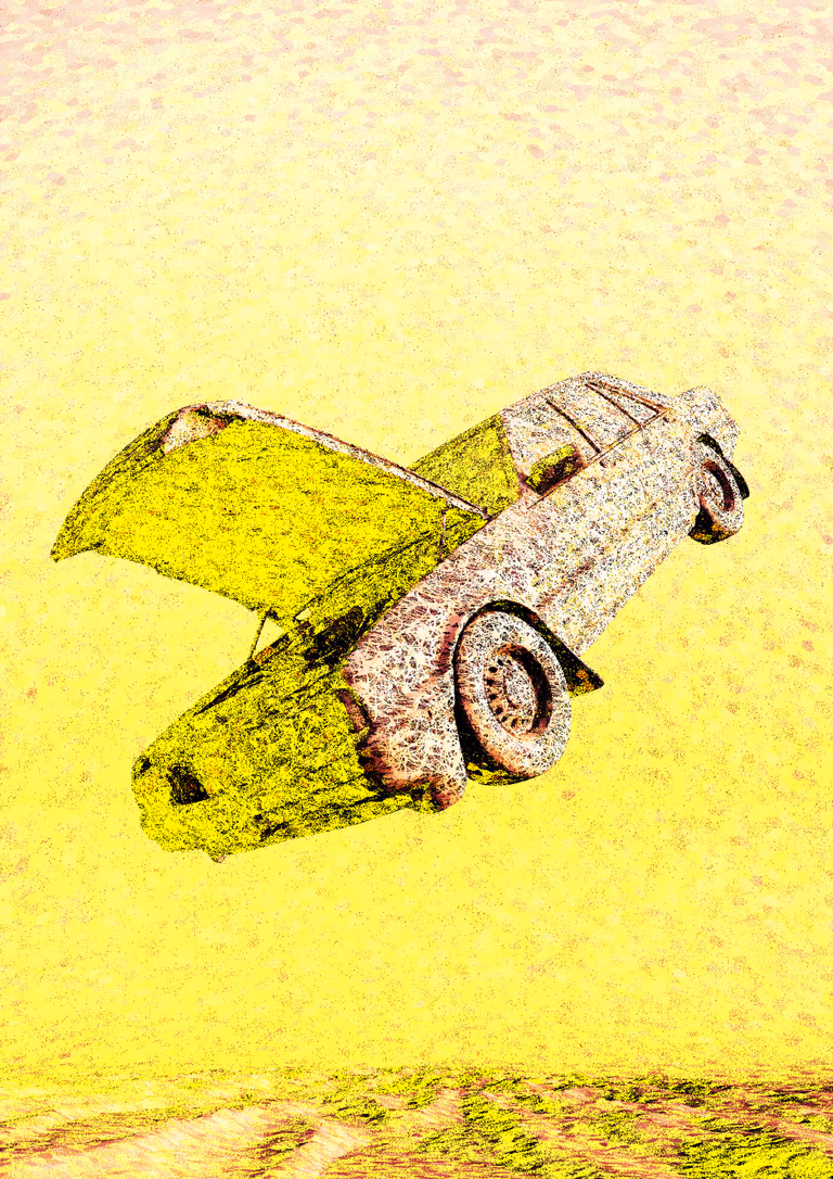 An old rounded sedan floats nose-down at a steep angle above a textured ground, its bonnet flung open like a wing. The body is covered in a dense, lace-like pattern of pink and white, with acid-yellow patches on the bonnet and front, set against a hazy, dappled yellow sky.