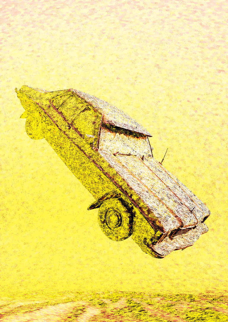 A long 1970s-style sedan tilts upward through the air, its ribbed bonnet and wide grille facing the viewer and its tail rising to the left. The car is rendered in a noisy, etched texture of yellow and rusty pink that half-dissolves into the sunlit yellow background.