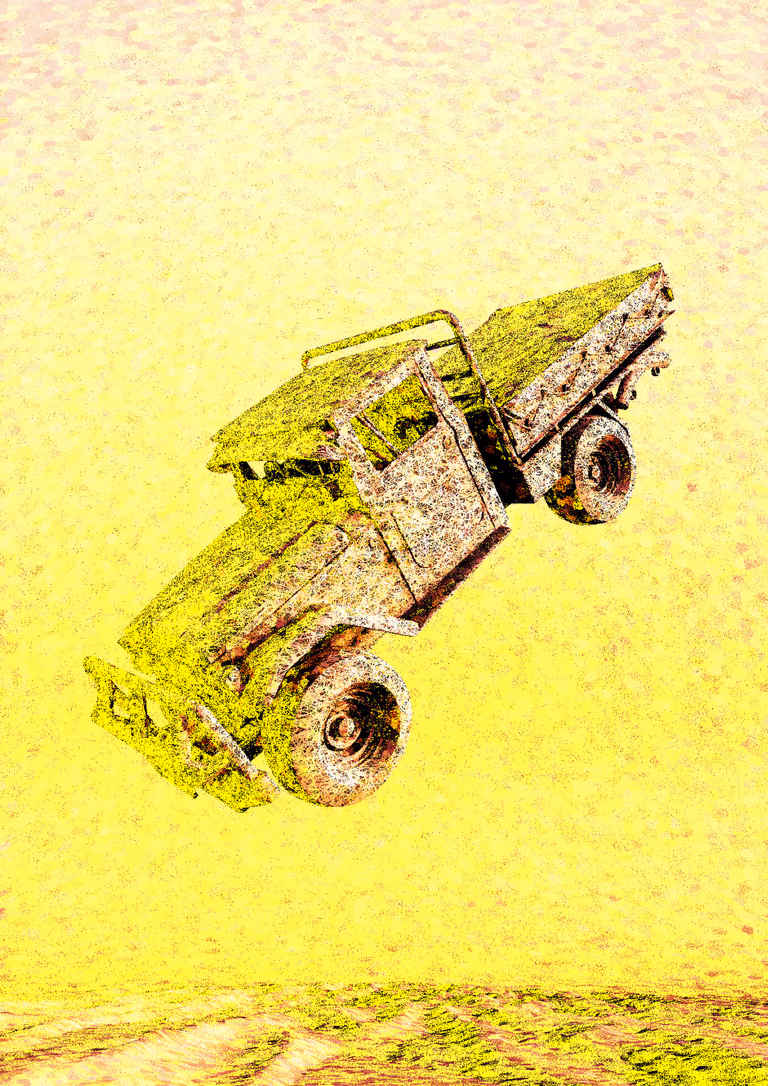 A battered utility four-wheel drive with a roll bar and flat tray hangs in the air at a diagonal, nose pointing down to the lower left. Its weathered panels are mottled with yellow and pale pink tracery, suspended above a strip of rippled ground in a hazy yellow field.