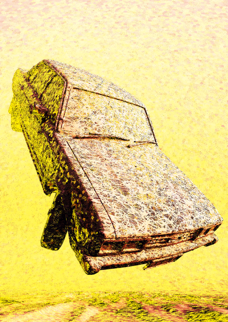 A boxy 1970s sedan looms close to the viewer, tipped forward and hovering above the ground, its bonnet and windscreen covered in a fine web of pale pink and white lines. Yellow and dark shadows cling to its side and wheels against a soft, speckled yellow sky.